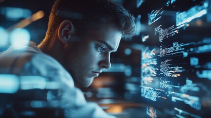 Digital technology concept. Man programmer working on laptop for big data management computer code on futuristic virtual interface screen data mining digital software