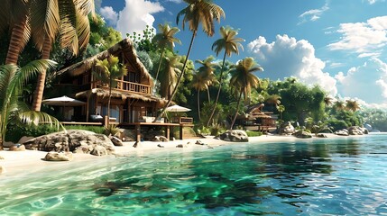 Sticker - A serene tropical beach scene with wooden villas surrounded by palm trees and clear water.