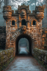 Poster - A medieval drawbridge, isolated on a pastel mint background, representing the entrance to a fortified castle,