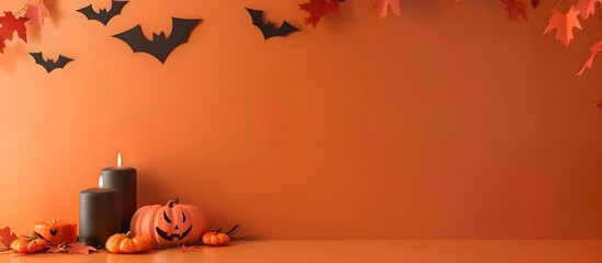 Halloween background with ghosts, pumpkins, candles and bats