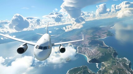 Canvas Print - Aerial view of an airplane flying over a coastal landscape with clouds.