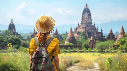 Canvas Print - A traveler admires ancient temples surrounded by lush greenery and a clear sky.