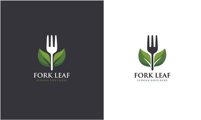 Wall Mural - Leaf with fork logo, healthy food logo design template.