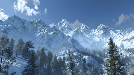 Poster - A serene winter landscape featuring snow-capped mountains and evergreen trees under a clear blue sky.