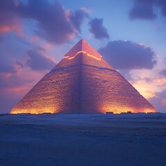 Poster - arafed pyramid with a red light at sunset in the desert