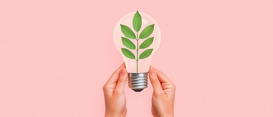 Poster - Green Plant Growing Inside Light Bulb Held by Hands on Pink Background