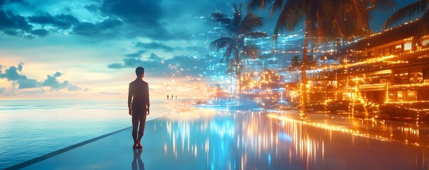 Poster - Man Looking at City Lights From Beachfront Pool.