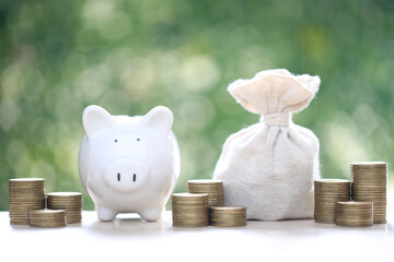 Wall Mural - Piggy with money bag and stack of coins money on natural green background, investment and save money concept