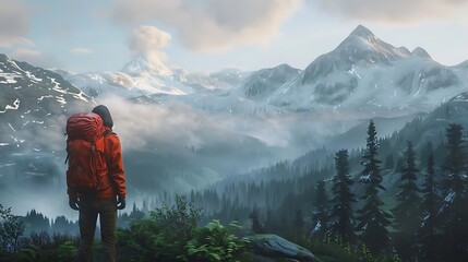 Poster - A hiker gazes at a breathtaking mountain landscape shrouded in mist.