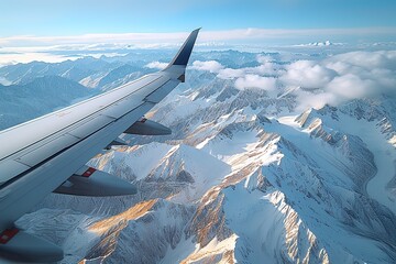 Passenger Aircraft Wing with Snow-Covered Mountains A scenic view of an airplane wing against snow-covered mountain peaks