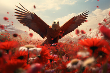 Fototapete - eagle with flowers on nature background