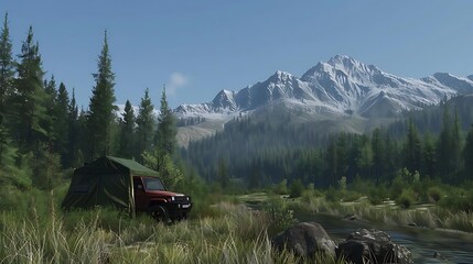 Sticker - A serene landscape featuring a tent and vehicle by a river, surrounded by mountains and trees.