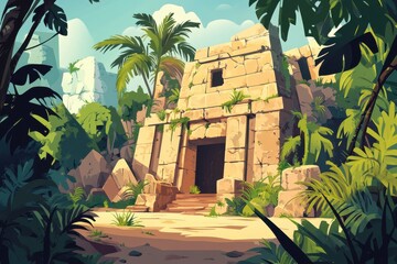 Wall Mural - Ancient Stone Structure Hidden in Tropical Foliage