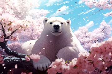 Fototapete - cute bear with flowers on nature background