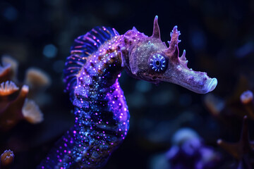 Purple seahorse swimming gracefully in aquarium with corals