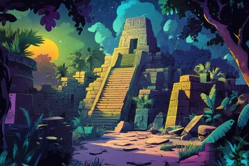 Wall Mural - Ancient Mayan Temple Ruins in Lush Jungle Under a Starry Night Sky