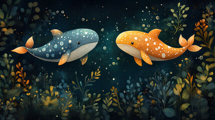 detailed illustration of two cute blue and yellow baby whales