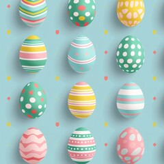 2. Repeating pattern of decorated Easter eggs featuring vibrant stripes, dots, and dashes, pastel colors in pink, yellow, green, and blue, set against a light blue backdrop, flat design, commercial