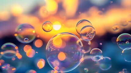 Wall Mural - Microscopic view of soap bubbles against a sunset AI generated illustration