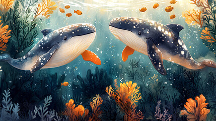 Wall Mural - illustration of two cute baby whales swimming in the sea coral background