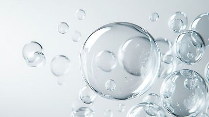 Clear bubbles of different sizes, creating a sense of depth as they float against a clean white background with light reflections