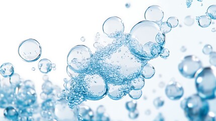 Wall Mural - Light and airy scene of transparent blue bubbles floating through the air against a clean white backdrop, with reflections adding realism