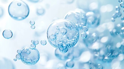 Wall Mural - Light and airy scene of transparent blue bubbles floating through the air against a clean white backdrop, with reflections adding realism