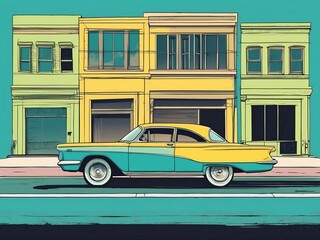 Wall Mural - An illustration of a classic car parked on a street in a minimalist screen print