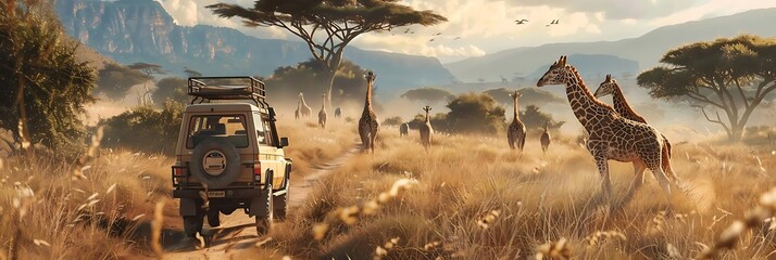 Poster - A safari vehicle encounters a herd of giraffes in a scenic savannah landscape.