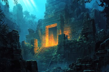 Wall Mural - Sunbeams Illuminating the Entrance to an Ancient Temple in a Lush Jungle