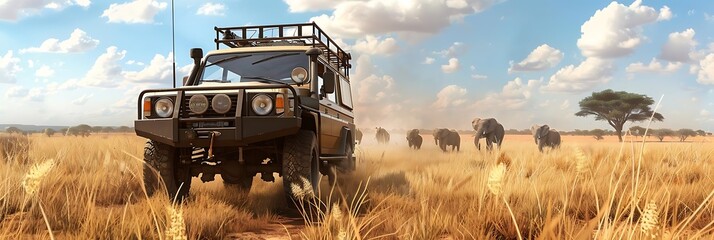 Sticker - A safari vehicle in a savanna landscape surrounded by elephants under a blue sky with fluffy clouds.