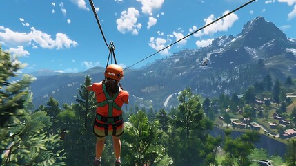 Sticker - A person zip-lining through a scenic landscape with mountains and trees in the background.