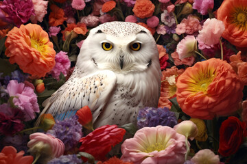 Fototapete - cute owl with flowers on nature background