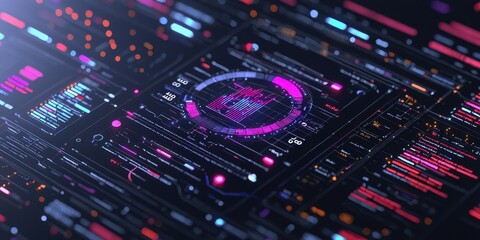Futuristic Digital Interface with Glowing Neon Lights and Data Visualizations