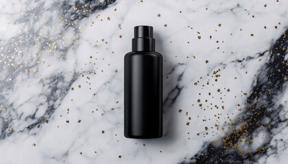 Wall Mural - Glossy Black Body Lotion Bottle on Smooth White Marble Surface  Skincare Mockup