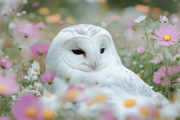 Fototapete - cute owl with flowers on nature background