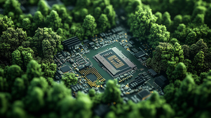 Wall Mural - Printed circuit board, Resistor, Transistor, Covered by trees, Computer circuit board, Nature with digital convergence and technology convergence, Green computer, Green technology