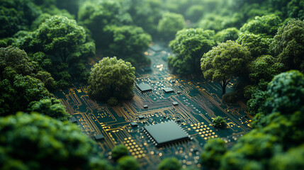 Wall Mural - Printed circuit board, Resistor, Transistor, Covered by trees, Computer circuit board, Nature with digital convergence and technology convergence, Green computer, Green technology