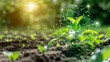 © kinara art design - A close-up of a green plant sprout growing in the soil with a network of lines and dots representing innovation and technology.