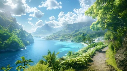 Wall Mural - A serene landscape featuring lush greenery, mountains, and a tranquil blue sea under a bright sky.