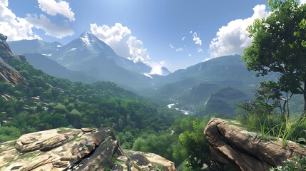 Poster - A breathtaking landscape featuring mountains, lush greenery, and a serene river under a bright blue sky.