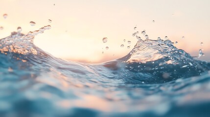 Wall Mural - Dynamic water wave cresting at the top of the frame with bubbles floating gently upwards against a serene light gradient backdrop