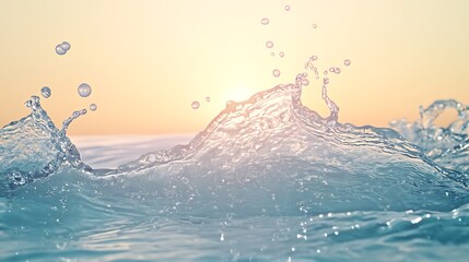 Wall Mural - Dynamic water wave cresting at the top of the frame with bubbles floating gently upwards against a serene light gradient backdrop