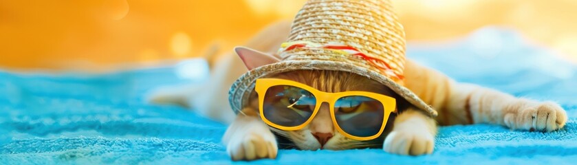 Poster - A cat wearing sunglasses and a straw hat laying on a blue blanket.