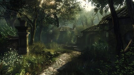 Poster - A serene pathway through a lush, misty forest leading to rustic buildings, evoking tranquility and nature's beauty.