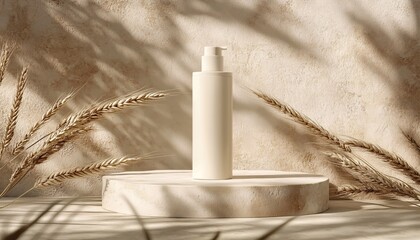 Wall Mural - Light Ivory Body Lotion Bottle on a Soft Beige Stone Background for Skincare Mockup