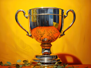 Golden trophy, Champion gold cup trophy on the table, A Gold trophy cup with two handles and marble