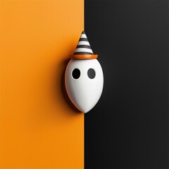 Canvas Print - An orange colored ghost with a Halloween party hat stands in front of an orange background. 3D rendering