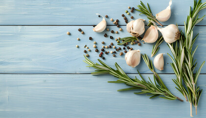 Wall Mural - Fresh rosemary, garlic and pepper on light blue wooden table, flat lay. Space for text