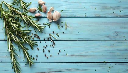 Wall Mural - Fresh rosemary, garlic and pepper on light blue wooden table, flat lay. Space for text